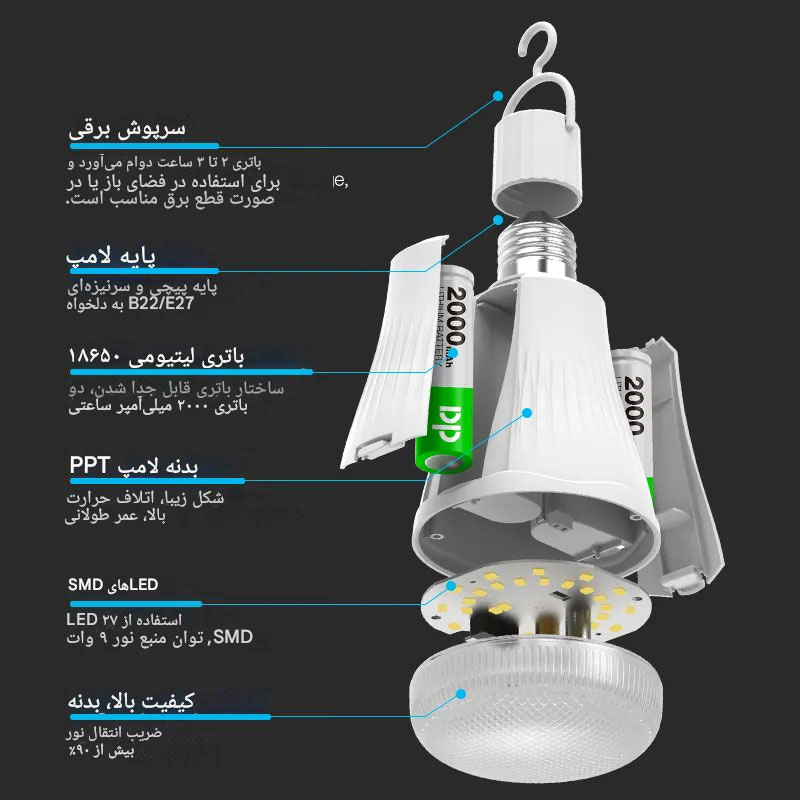 مشخصات چراغ شارژی 9 وات DP